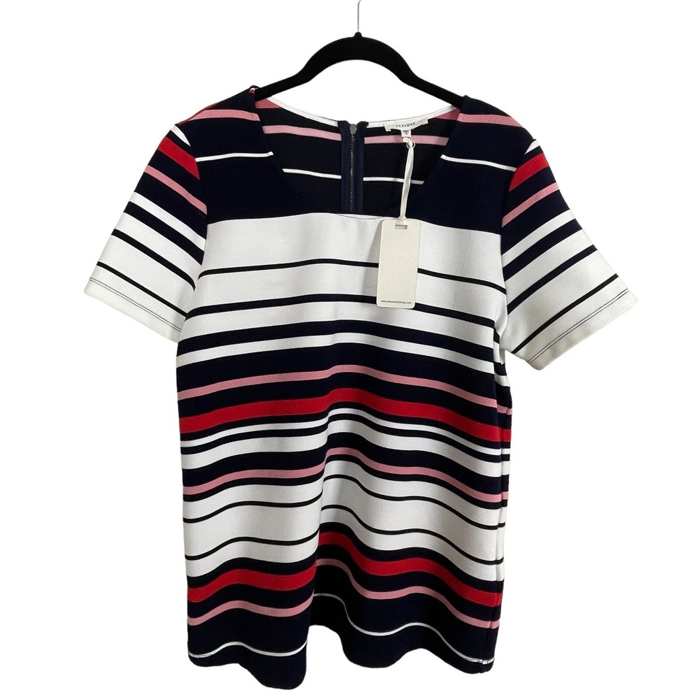 NWT Pleione Scoop Neck‎ Textured Striped Red White Blue Pink Blouse Size M
